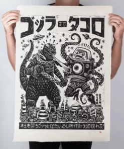 Attack Peter Godzilla Vs. Takoro Linocut Poster Posters